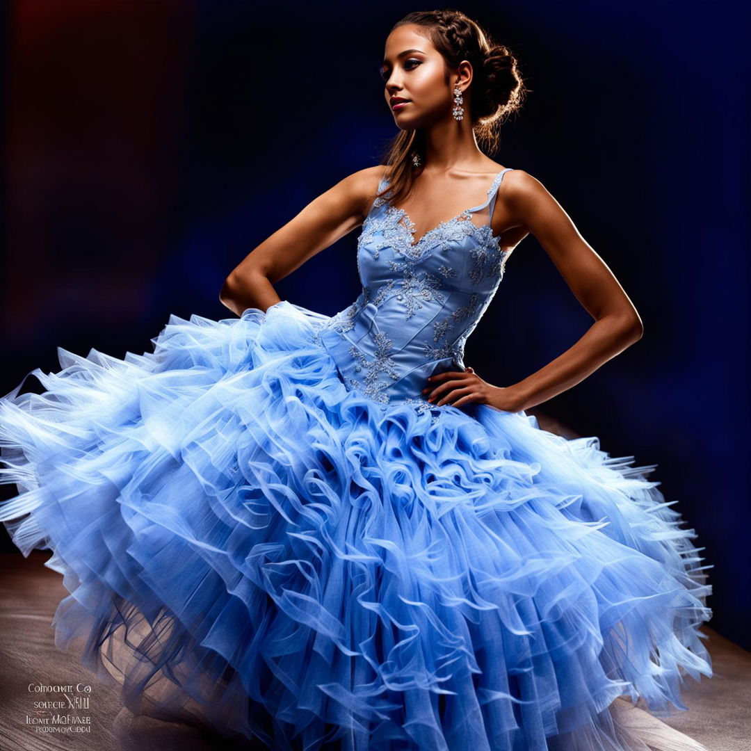 A high fashion photograph featuring a female model in an intricate baby blue Quinceañera dress. Shot from a distance with a 200mm lens, the composition and lighting create an intense and elegant scene reminiscent of an editorial magazine photoshoot.