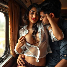 A sensual young woman inspired by the characteristics of Nushrat Bharucha, depicted in an intimate moment