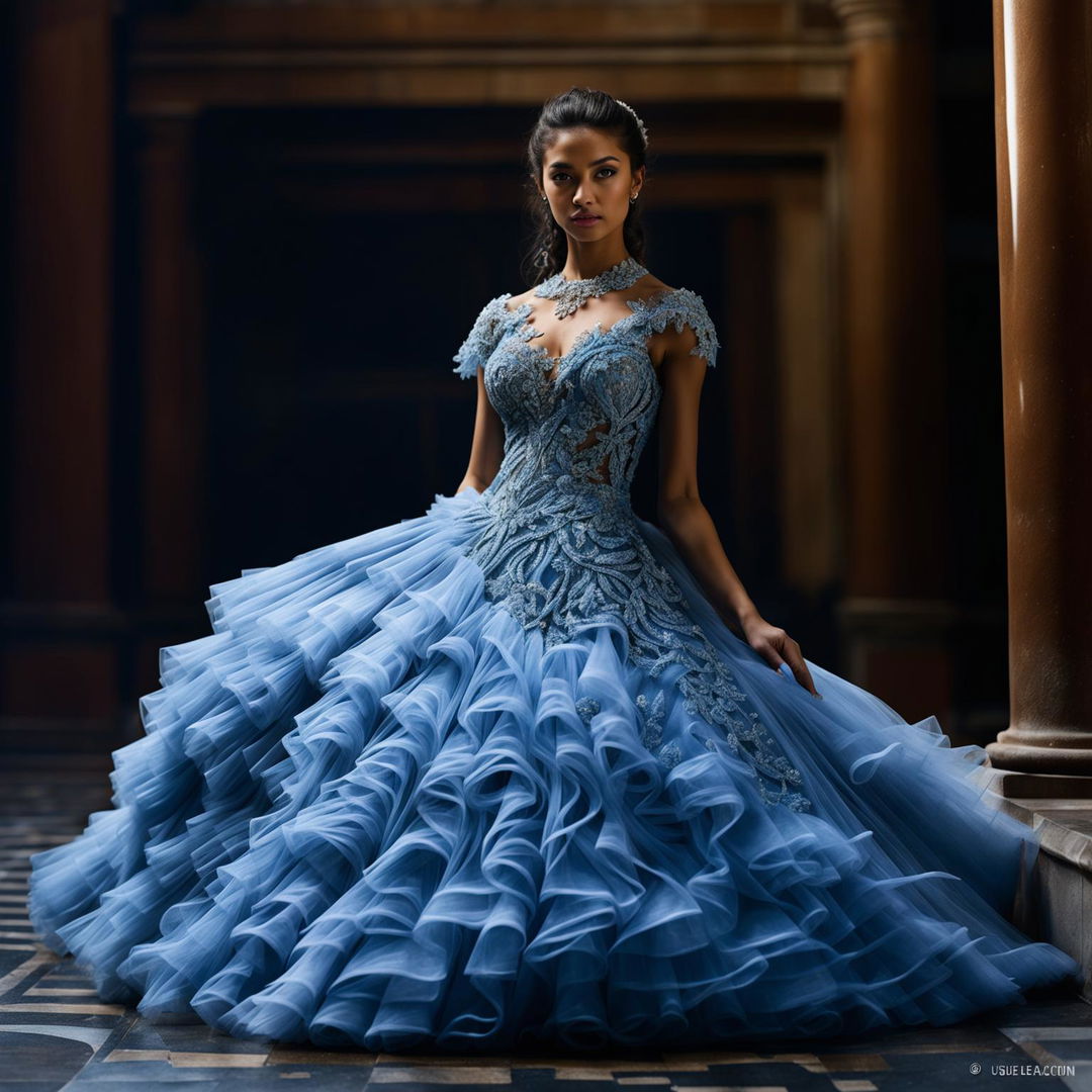 Distant shot of a female model in an intricate baby blue Quinceañera dress, captured with immaculate composition and lighting in an editorial magazine style photoshoot.