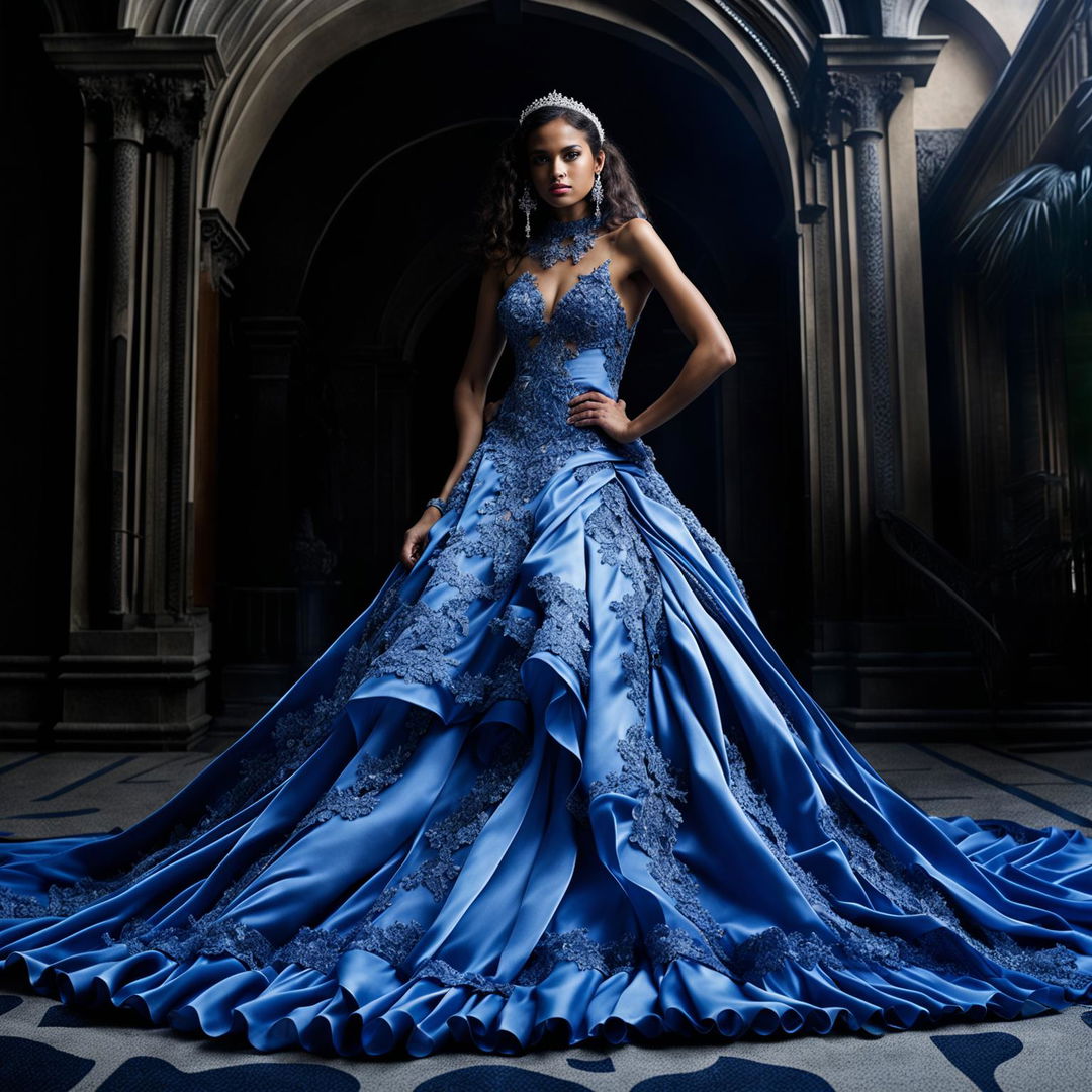 Distant shot of a female model in a different blue Quinceañera dress, captured with immaculate composition and lighting in an editorial magazine style photoshoot.