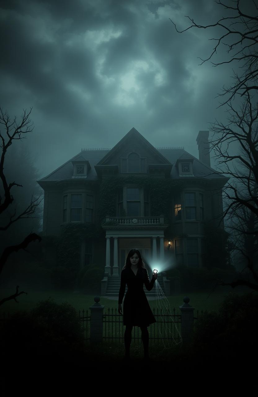 A hauntingly atmospheric image of the Van Houten mansion located in the shadowy village of Ashwood, shrouded in mist and surrounded by gnarled trees