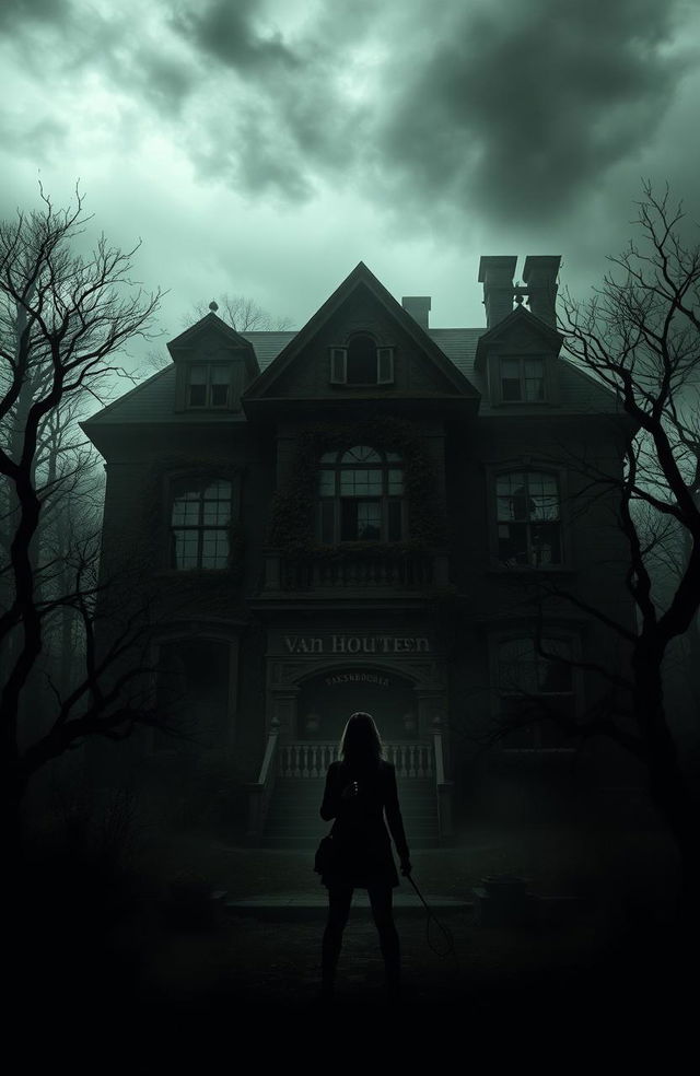 A hauntingly atmospheric image of the Van Houten mansion located in the shadowy village of Ashwood, shrouded in mist and surrounded by gnarled trees