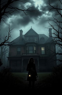 A hauntingly atmospheric image of the Van Houten mansion located in the shadowy village of Ashwood, shrouded in mist and surrounded by gnarled trees