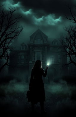 A hauntingly atmospheric image of the Van Houten mansion located in the shadowy village of Ashwood, shrouded in mist and surrounded by gnarled trees