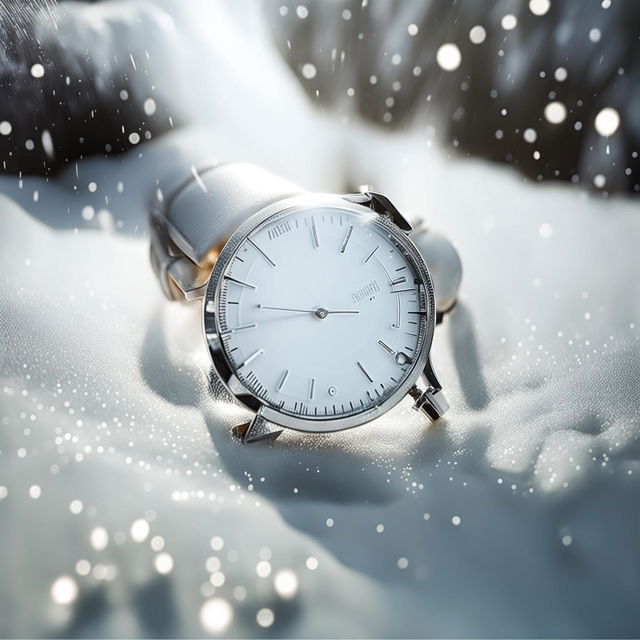 An ultra-minimal all-white watch on a pristine snowy backdrop in a high-definition product editorial photograph.