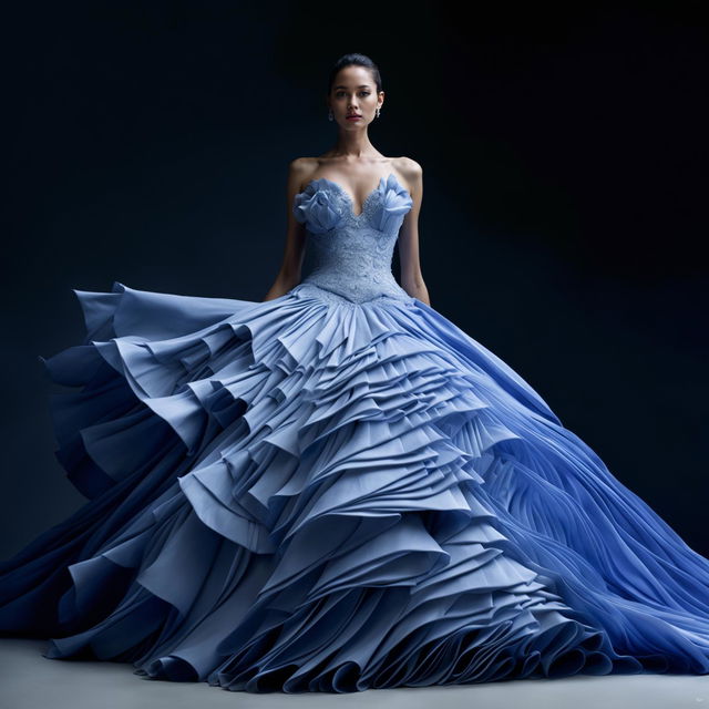 A distant shot of a female model in an extravagant baby blue ball gown with a slim-fitting waist and intricate detailing, captured in an editorial magazine photoshoot with immaculate composition and lighting.