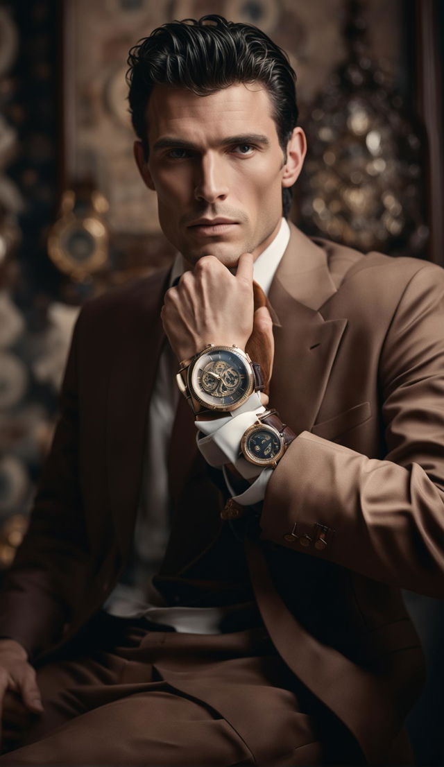 Vintage-style 200mm product editorial photograph featuring a male supermodel in suit and tie showcasing a stunning watch, embodying an old money aesthetic.