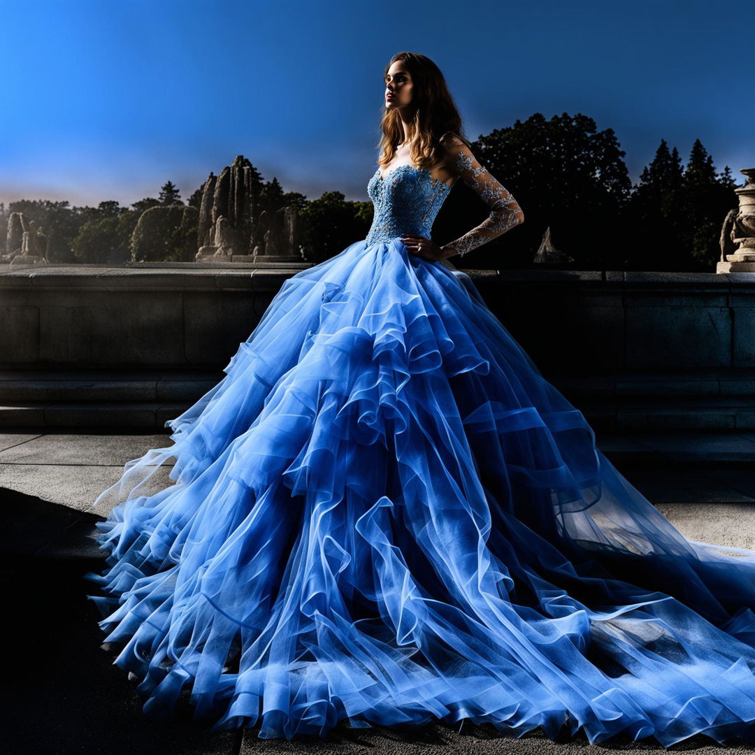 Distant shot of a female model in an intricate baby blue ball gown with a full skirt and fitted bodice decorated with appliqués and lace, captured with immaculate composition and lighting in an editorial magazine style photoshoot.