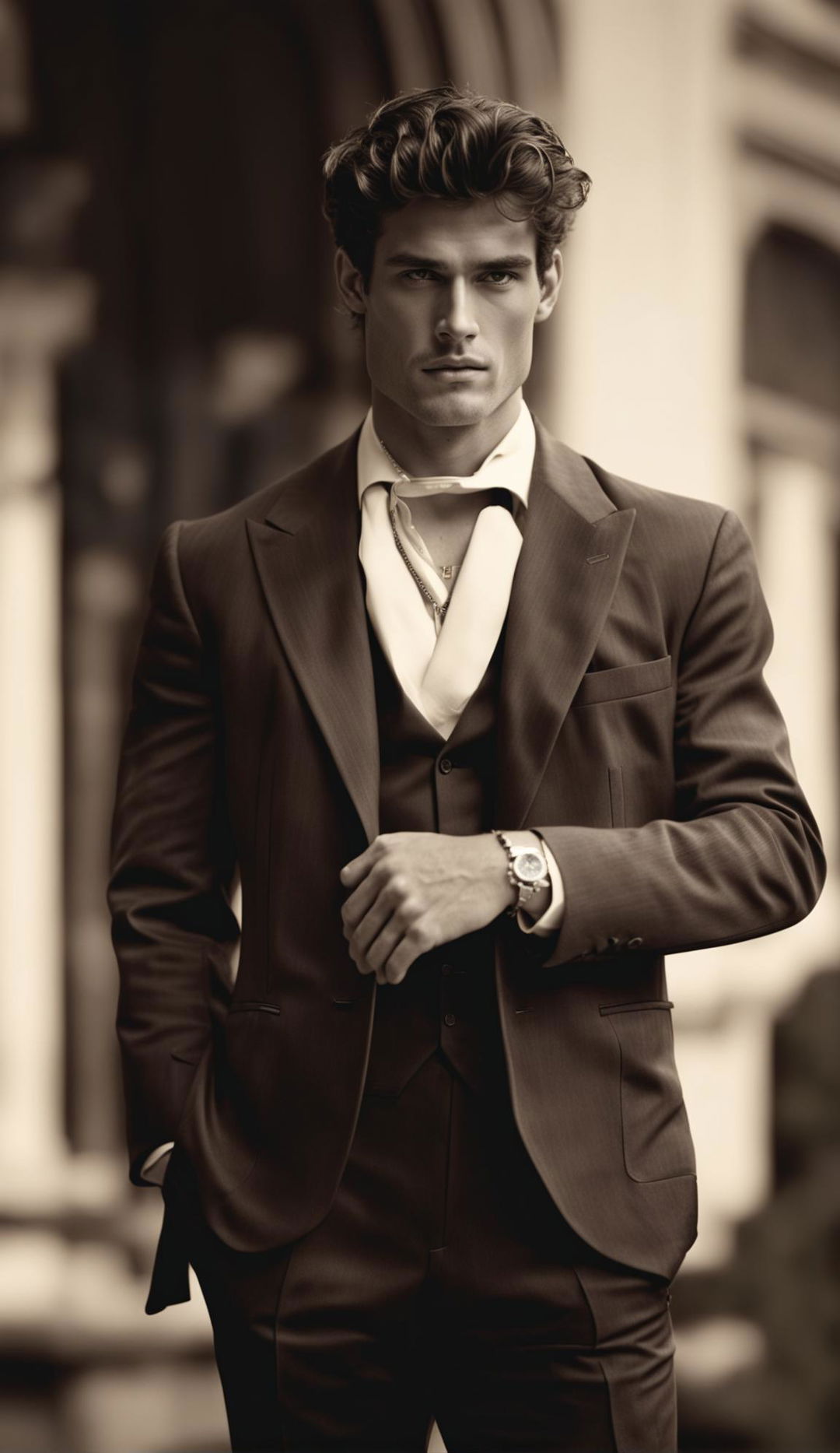 Vintage-style photograph of a male supermodel in an old money aesthetic setting, wearing a luxury watch. Shot from a distance with a 200mm lens.