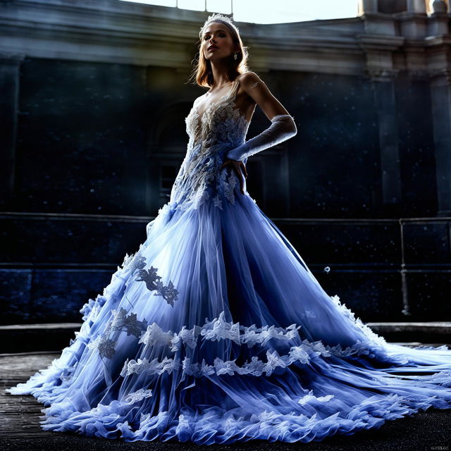 Editorial-style photograph of a female model in an intricate baby blue ball gown with appliqués and lace, taken from a distance with immaculate composition and lighting.