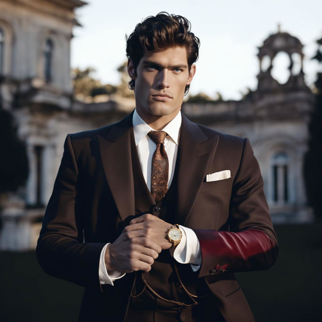 Vintage-style photograph of a male supermodel in old money aesthetic, distant shot with 200mm lens, wearing an exquisite watch for a product editorial.