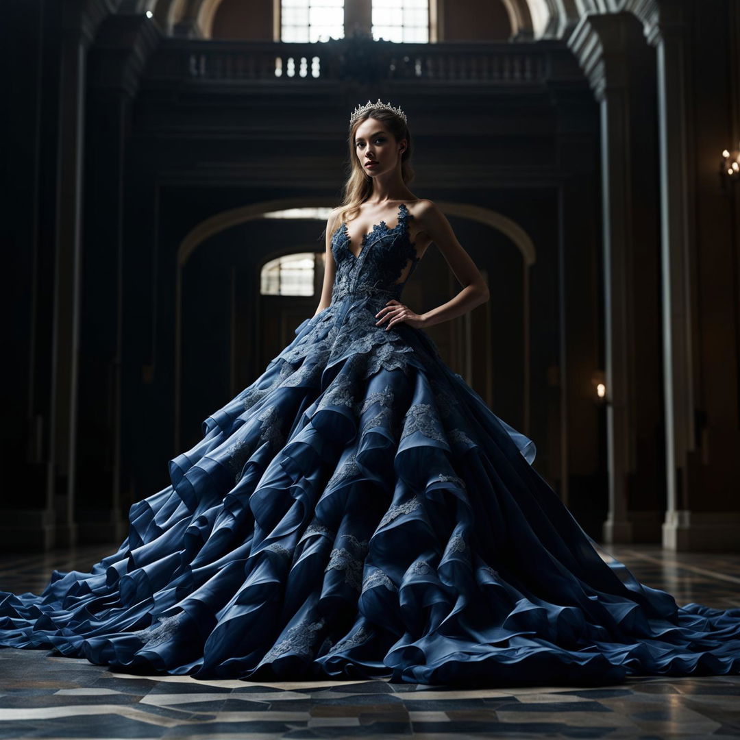 Editorial-style photograph of a female model in an intricate dark blue ball gown with appliqués and lace, taken from a distance with immaculate composition and lighting.