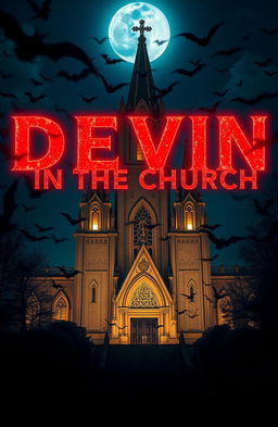 A large, grand church illuminated at night, surrounded by a swarm of bats flying in the air