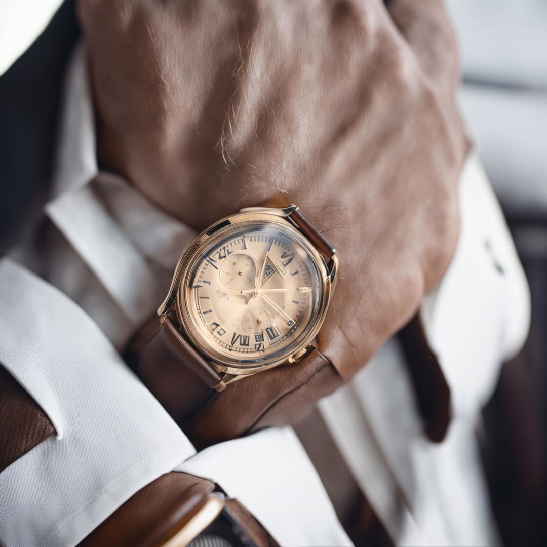 Close-up shot of a male supermodel's wrist wearing a luxurious watch, shot with a 200mm lens for a vintage feel and old money aesthetic.