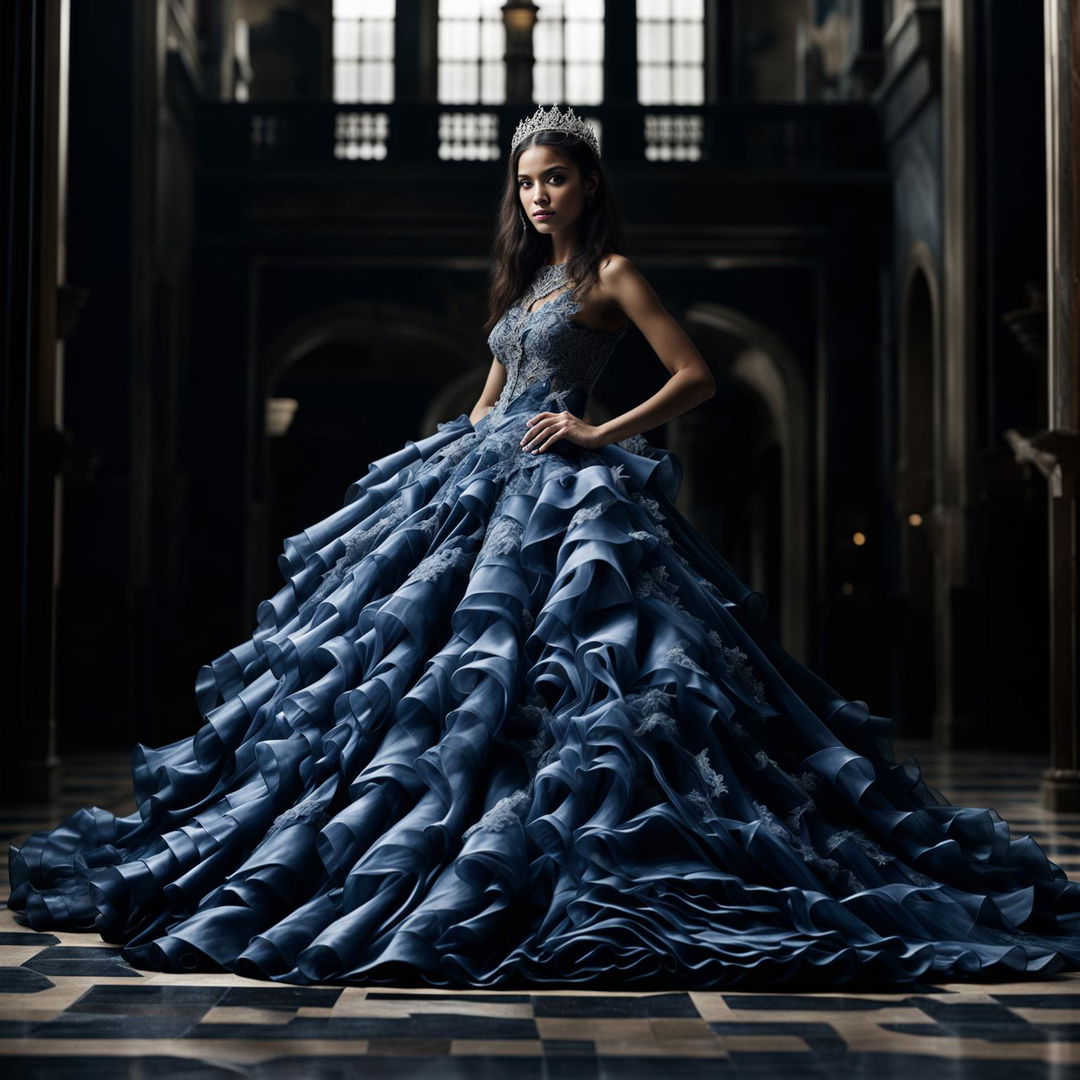 Editorial-style photograph of a female model in an intricate dark blue Quinceañera ball gown with appliqués and lace, taken from a distance with immaculate composition and lighting.