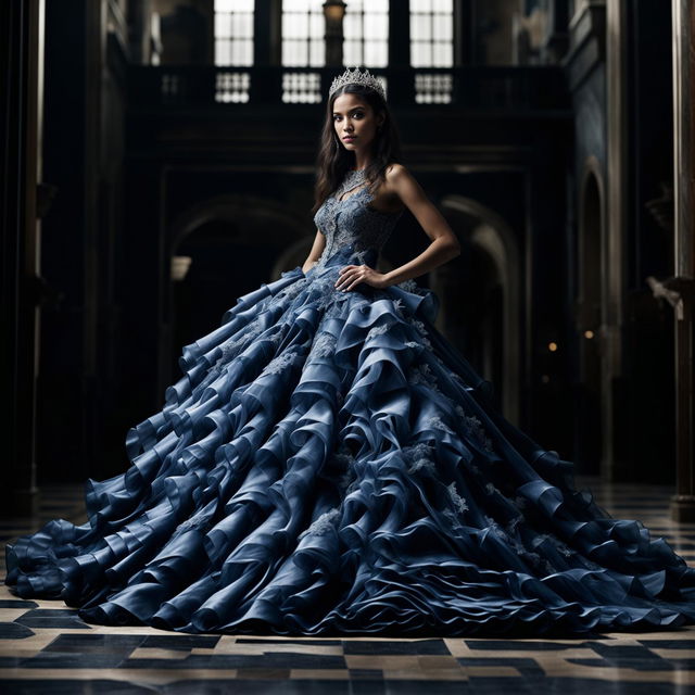Editorial-style photograph of a female model in an intricate dark blue Quinceañera ball gown with appliqués and lace, taken from a distance with immaculate composition and lighting.