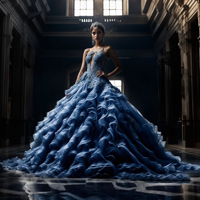 Editorial-style photograph of a female model in an intricate blue Quinceañera ball gown with appliqués and lace, taken from a distance with immaculate composition and lighting.