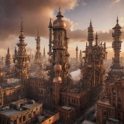 A cityscape dominated by towering steampunk skyscrapers, brimming with ornate, complex machinery, cogged exteriors, and great spires billowing steam against the backdrop of a copper-hued sunset.