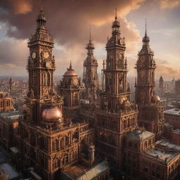 A cityscape dominated by towering steampunk skyscrapers, brimming with ornate, complex machinery, cogged exteriors, and great spires billowing steam against the backdrop of a copper-hued sunset.