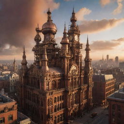 A cityscape dominated by towering steampunk skyscrapers, brimming with ornate, complex machinery, cogged exteriors, and great spires billowing steam against the backdrop of a copper-hued sunset.