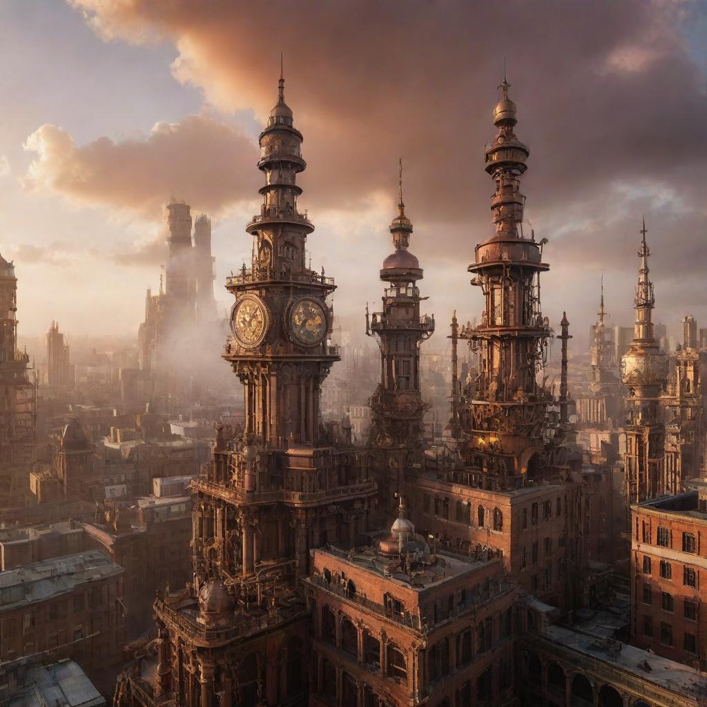 A cityscape dominated by towering steampunk skyscrapers, brimming with ornate, complex machinery, cogged exteriors, and great spires billowing steam against the backdrop of a copper-hued sunset.