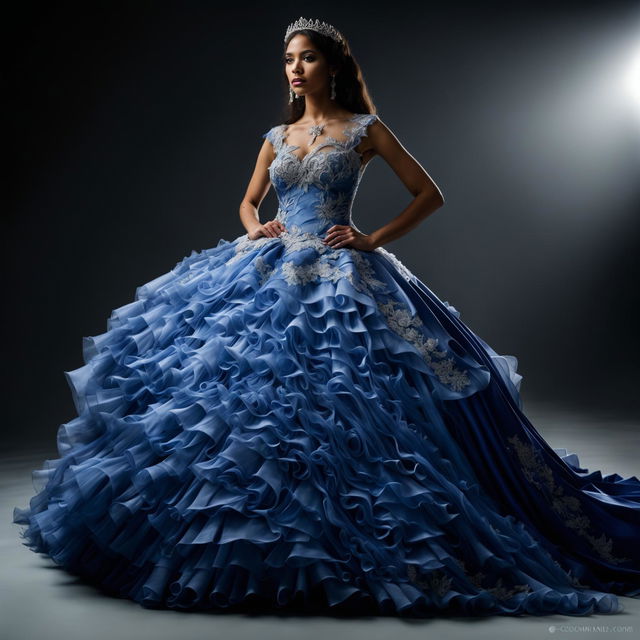 Editorial magazine photograph of a female model in an extravagant royal blue Quinceañera ball gown with a large full skirt, fitted bodice decorated with appliqués and lace, taken with a 200mm lens.