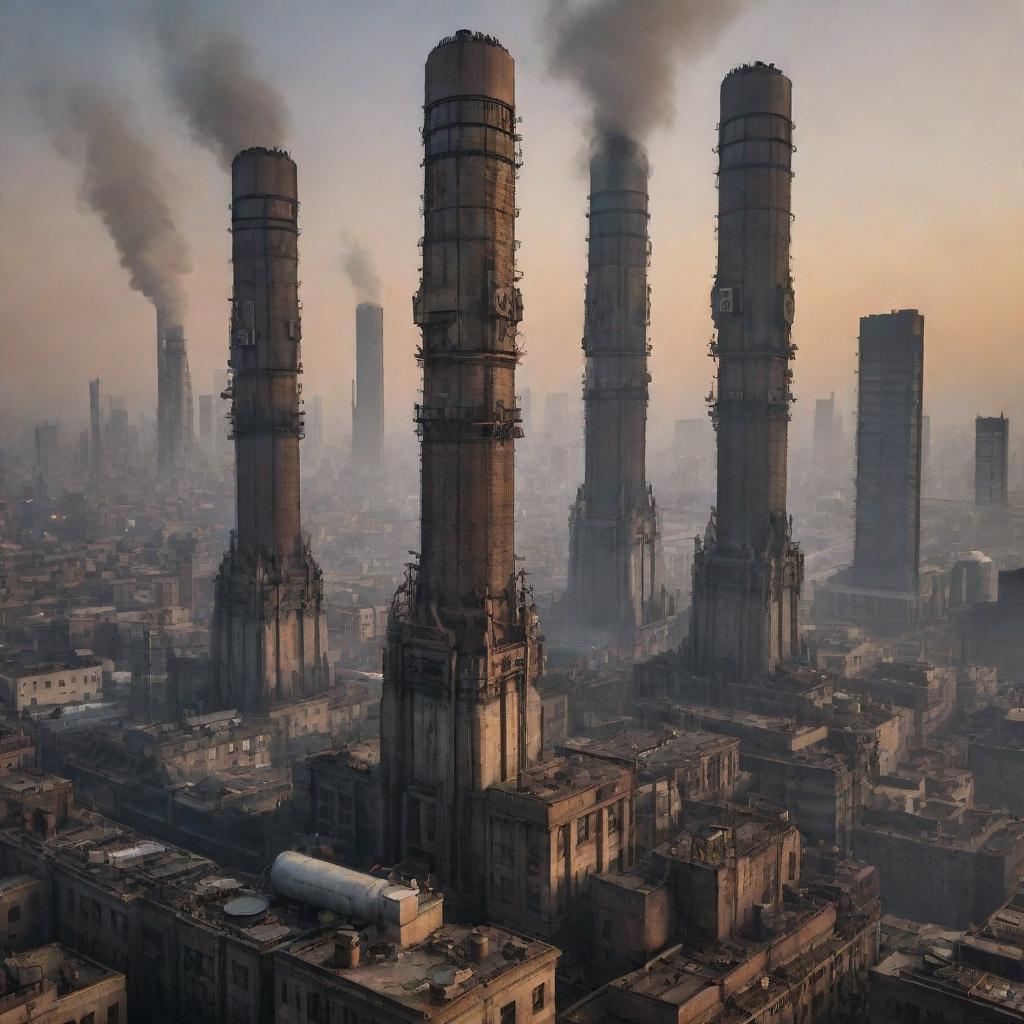 A sprawling cityscape filled with skyscrapers echoing the gritty aesthetic of dieselpunk. Sky-high monoliths of steel and concrete, adorned with extravagant diesel engines, smokestacks and riveted architecture rise against a smog-filled dusk.