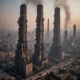 A sprawling cityscape filled with skyscrapers echoing the gritty aesthetic of dieselpunk. Sky-high monoliths of steel and concrete, adorned with extravagant diesel engines, smokestacks and riveted architecture rise against a smog-filled dusk.