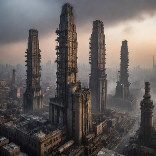 A sprawling cityscape filled with skyscrapers echoing the gritty aesthetic of dieselpunk. Sky-high monoliths of steel and concrete, adorned with extravagant diesel engines, smokestacks and riveted architecture rise against a smog-filled dusk.