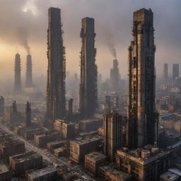 A sprawling cityscape filled with skyscrapers echoing the gritty aesthetic of dieselpunk. Sky-high monoliths of steel and concrete, adorned with extravagant diesel engines, smokestacks and riveted architecture rise against a smog-filled dusk.