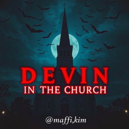 A large, imposing church set against a striking night sky, filled with bats flitting through the air