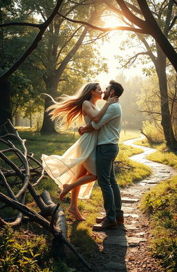 A romantic scene depicting a couple in love, surrounded by various obstacles in a park setting, such as fallen tree branches, a small stream, and a winding path