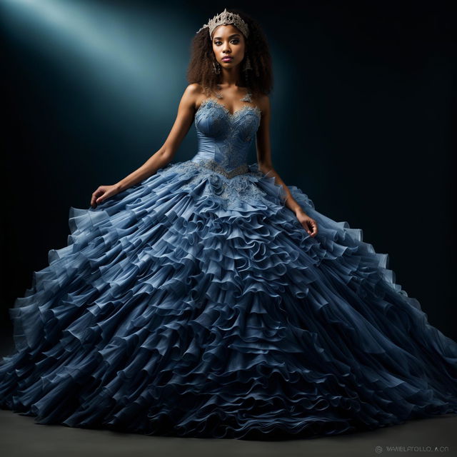 Editorial magazine photograph of a female model in an extravagant Egyptian blue Quinceañera ball gown with a large full skirt, fitted bodice decorated with appliqués and lace, taken with a 200mm lens.