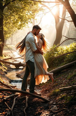 A romantic scene depicting a couple in love, surrounded by various obstacles in a park setting, such as fallen tree branches, a small stream, and a winding path