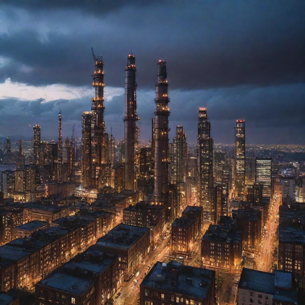 Witness a city brimming with gaspunk skyscrapers, their heights challenging the clouds. Buildings powered by gas, featuring high-reaching metallic pipes, massive gas containers, and flickering gas lights casting a fantastical glow under a twilight sky.