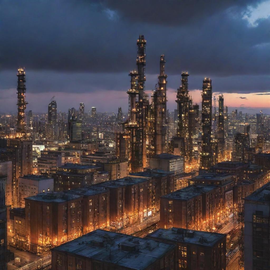 Witness a city brimming with gaspunk skyscrapers, their heights challenging the clouds. Buildings powered by gas, featuring high-reaching metallic pipes, massive gas containers, and flickering gas lights casting a fantastical glow under a twilight sky.