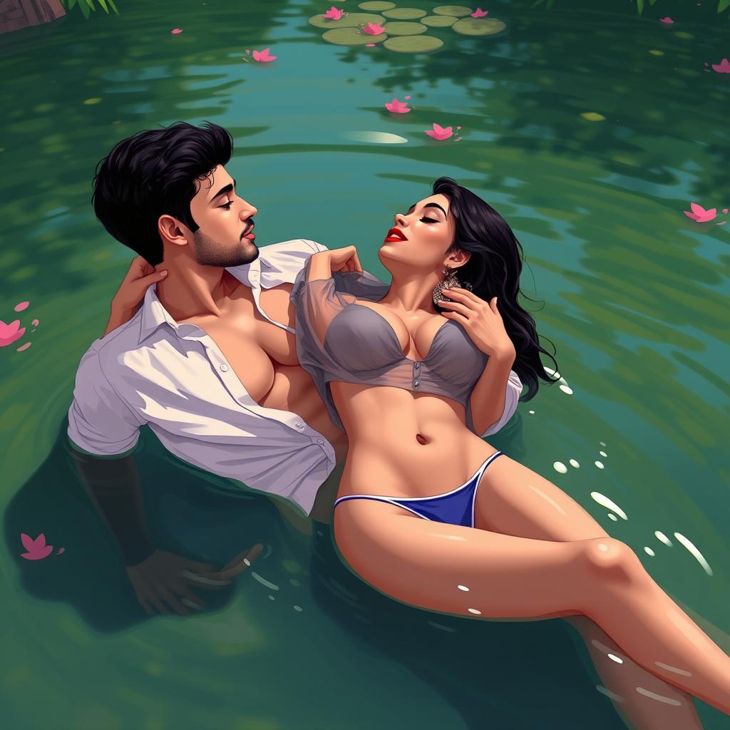 A sensual young woman reminiscent of Nushrat Bharucha, illustrated in a romantic and lively shallow pond setting