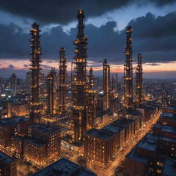 Witness a city brimming with gaspunk skyscrapers, their heights challenging the clouds. Buildings powered by gas, featuring high-reaching metallic pipes, massive gas containers, and flickering gas lights casting a fantastical glow under a twilight sky.