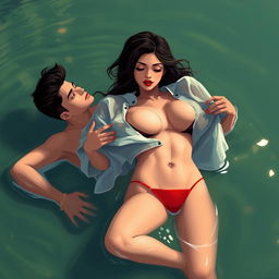 A sensual young woman reminiscent of Nushrat Bharucha, illustrated in a romantic and lively shallow pond setting