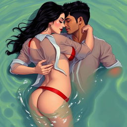 A sensual young woman reminiscent of Nushrat Bharucha, illustrated in a romantic and lively shallow pond setting