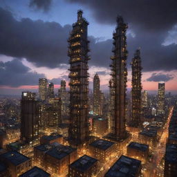 Witness a city brimming with gaspunk skyscrapers, their heights challenging the clouds. Buildings powered by gas, featuring high-reaching metallic pipes, massive gas containers, and flickering gas lights casting a fantastical glow under a twilight sky.