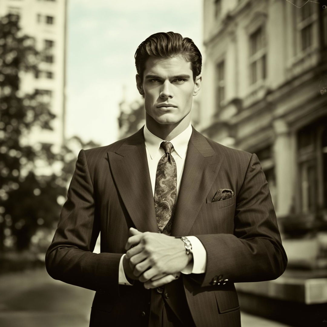 Vintage photograph of a male supermodel in old money aesthetic, taken from a distance with a 200mm lens. He's wearing a dark suit, tie, and an expensive watch.