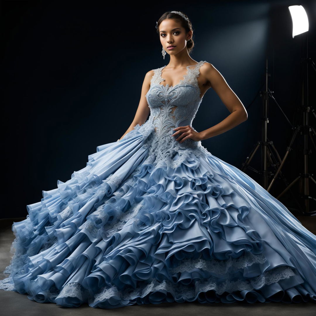 Editorial magazine photograph of a female model in an extravagant powder blue Quinceañera ball gown with a large full skirt, fitted bodice decorated with appliqués and lace, taken with a 200mm lens.