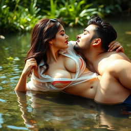 A sensual young woman reminiscent of Nushrat Bharucha, captured in a romantic setting by a shallow pond