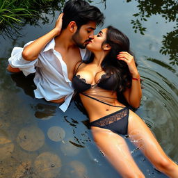A sensual young woman reminiscent of Nushrat Bharucha, captured in a romantic setting by a shallow pond