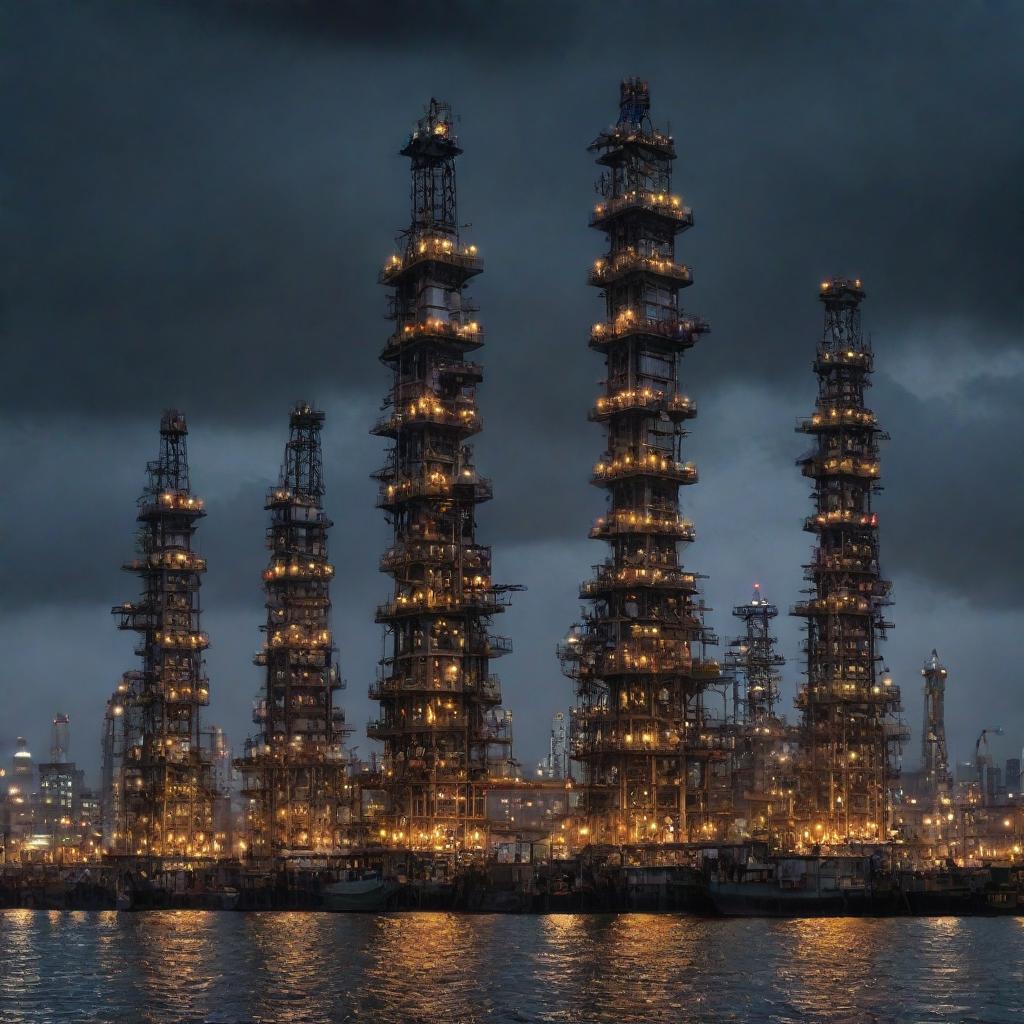 A cityscape with soaring oilpunk skyscrapers, constructed with riveted iron and glass, pumped with oil-powered generators. Dark towers with external pipes, oil-rig-like structures, stand proudly under an inky, starlit sky.