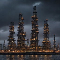 A cityscape with soaring oilpunk skyscrapers, constructed with riveted iron and glass, pumped with oil-powered generators. Dark towers with external pipes, oil-rig-like structures, stand proudly under an inky, starlit sky.