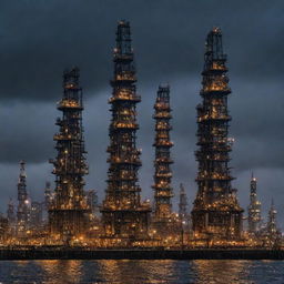 A cityscape with soaring oilpunk skyscrapers, constructed with riveted iron and glass, pumped with oil-powered generators. Dark towers with external pipes, oil-rig-like structures, stand proudly under an inky, starlit sky.