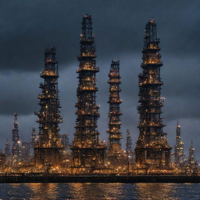 A cityscape with soaring oilpunk skyscrapers, constructed with riveted iron and glass, pumped with oil-powered generators. Dark towers with external pipes, oil-rig-like structures, stand proudly under an inky, starlit sky.