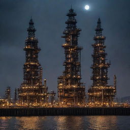 A cityscape with soaring oilpunk skyscrapers, constructed with riveted iron and glass, pumped with oil-powered generators. Dark towers with external pipes, oil-rig-like structures, stand proudly under an inky, starlit sky.